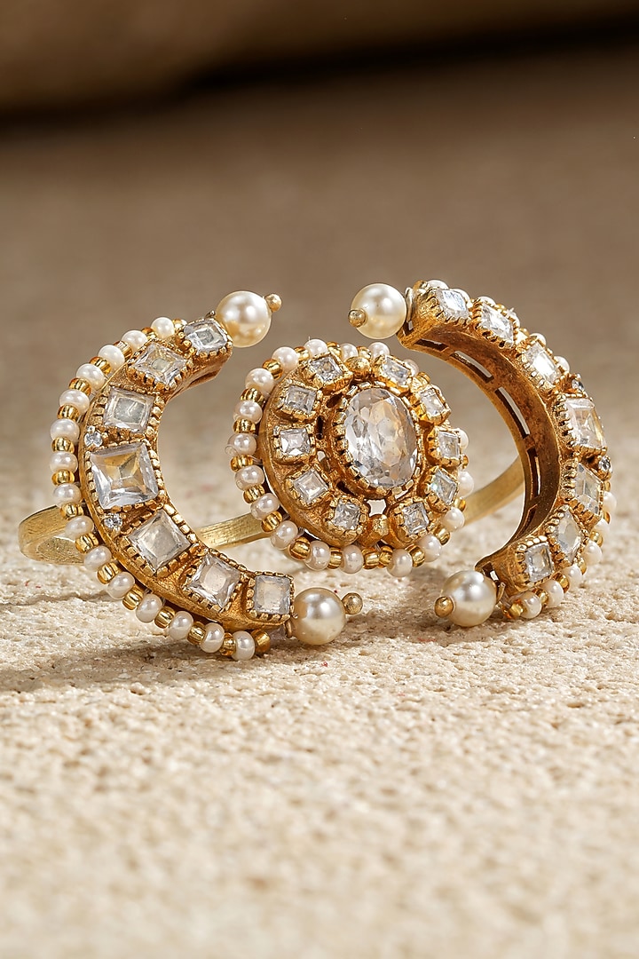 Gold Plated Zircon & Swarovski Pearl Dual-Finger Ring In Sterling Silver by Tarun Tahiliani Jewellery at Pernia's Pop Up Shop
