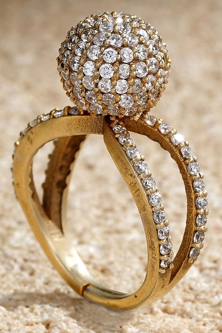 Gold Plated Zircon Criss-Cross Shaped Ring In Sterling Silver by Tarun Tahiliani Jewellery at Pernia's Pop Up Shop