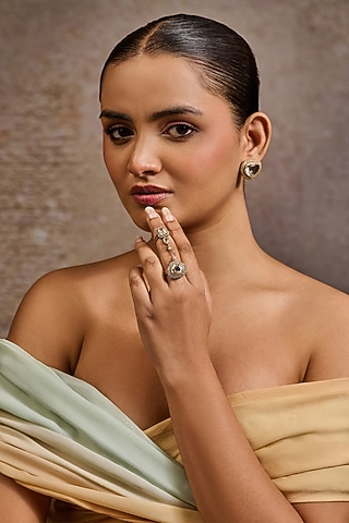 Gold Plated Emerald-Cut Zircon & Swarovski Pearl Ring In Sterling Silver by Tarun Tahiliani Jewellery