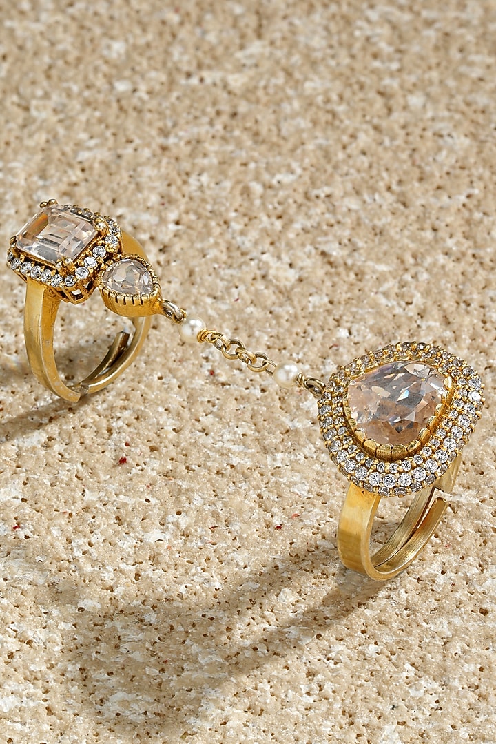 Gold Plated Emerald-Cut Zircon & Swarovski Pearl Ring In Sterling Silver by Tarun Tahiliani Jewellery at Pernia's Pop Up Shop
