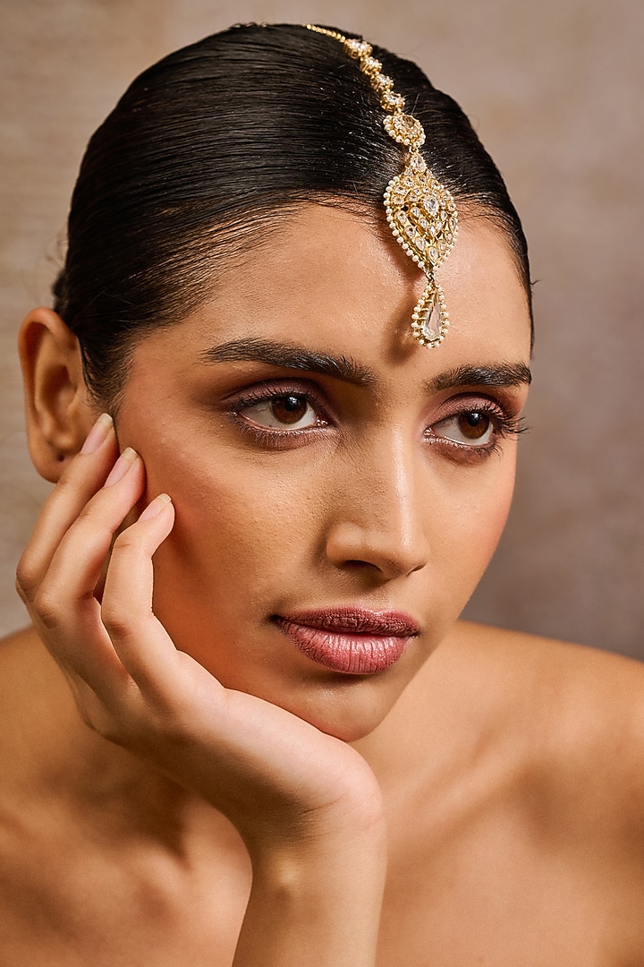 Gold Plated Zircon Handcrafted Maangtikka In Sterling Silver by Tarun Tahiliani Accessories at Pernia's Pop Up Shop