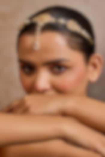 Gold Plated Zircon & Ivory Swarovski Pearl Mathapatti In Sterling Silver by Tarun Tahiliani Accessories at Pernia's Pop Up Shop