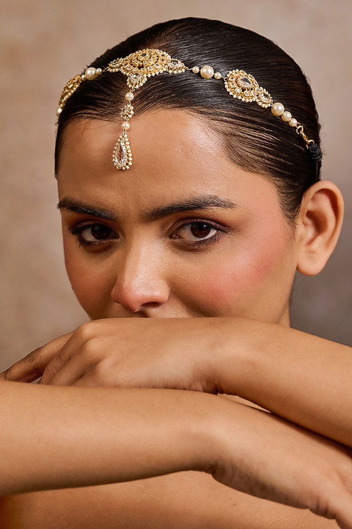 Gold Plated Zircon & Ivory Swarovski Pearl Mathapatti In Sterling Silver by Tarun Tahiliani Accessories at Pernia's Pop Up Shop