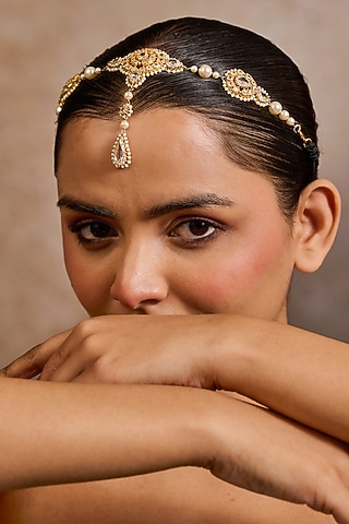 Gold Plated Zircon & Ivory Swarovski Pearl Mathapatti In Sterling Silver by Tarun Tahiliani Jewellery