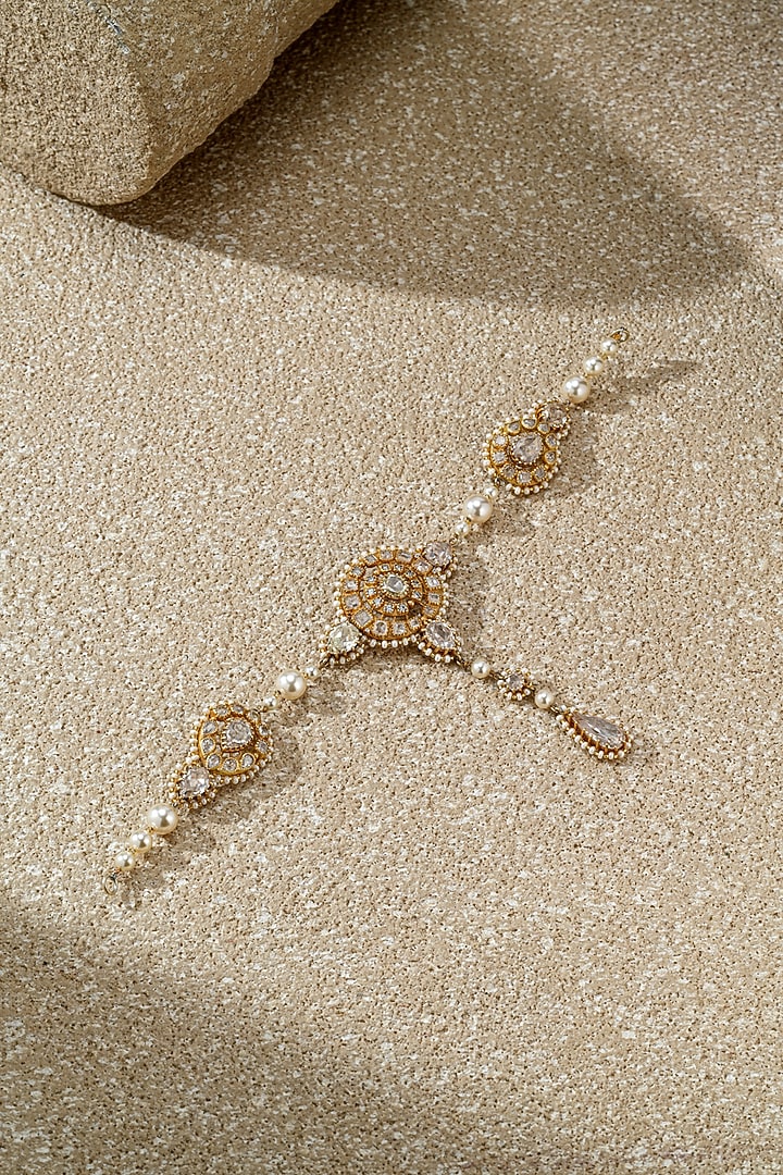 Gold Plated Zircon & Ivory Swarovski Pearl Mathapatti In Sterling Silver by Tarun Tahiliani Jewellery at Pernia's Pop Up Shop