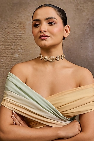 Gold Plated Zircon & Swarovski Pearl Choker Necklace In Sterling Silver by Tarun Tahiliani Jewellery