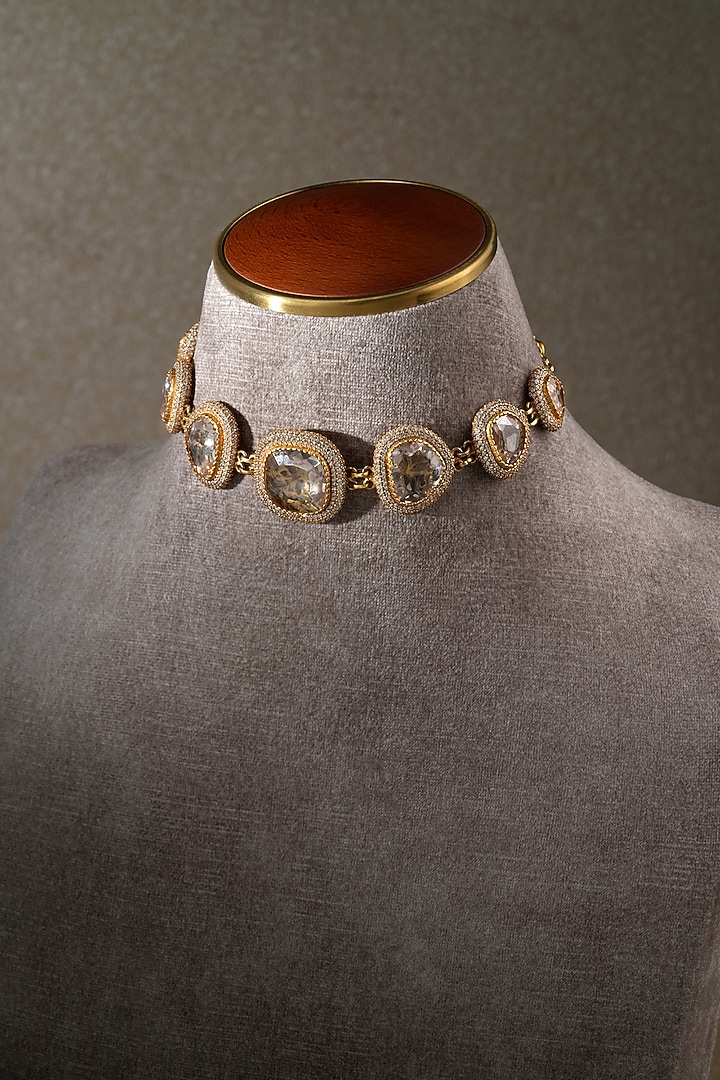 Gold Plated Zircon & Swarovski Pearl Choker Necklace In Sterling Silver by Tarun Tahiliani Jewellery at Pernia's Pop Up Shop