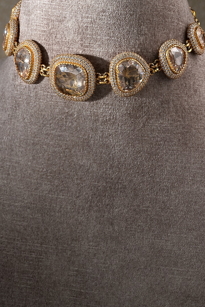 Gold Plated Zircon & Swarovski Pearl Choker Necklace In Sterling Silver by Tarun Tahiliani Jewellery at Pernia's Pop Up Shop