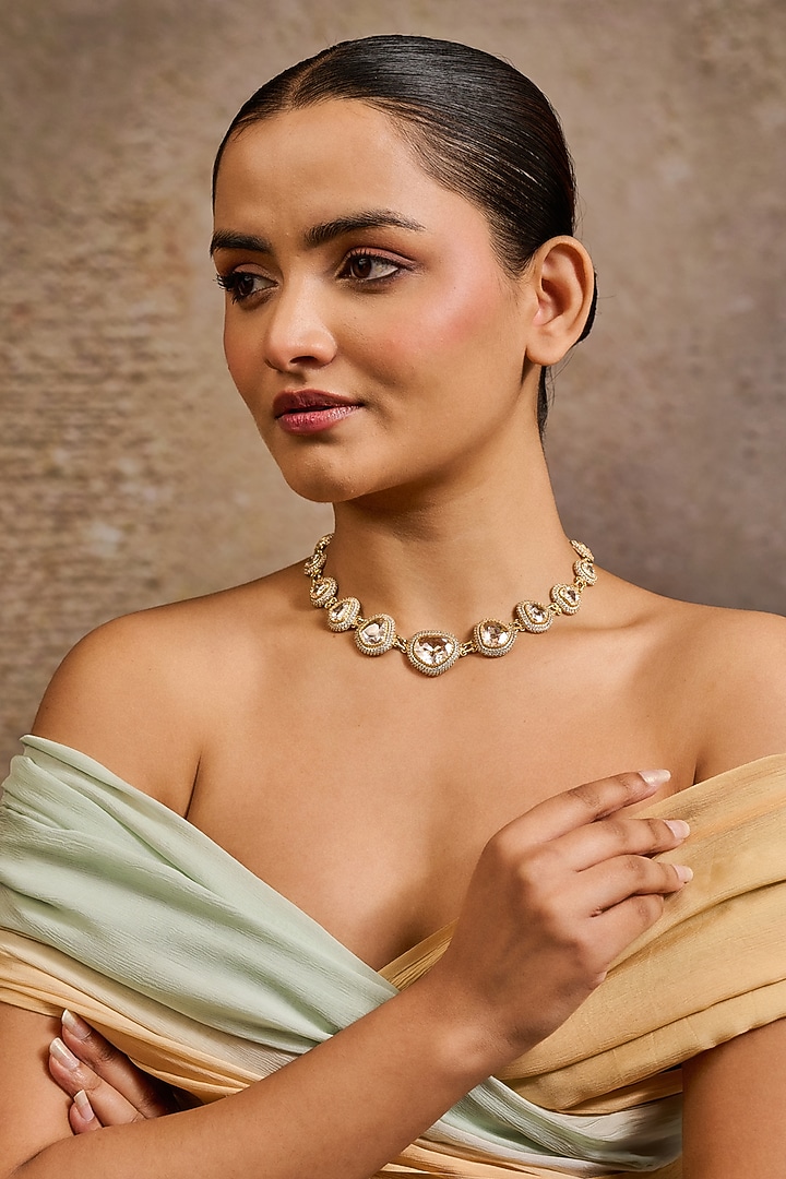 Gold Plated Zircon & Swarovski Pearl Collar Necklace In Sterling Silver by Tarun Tahiliani Accessories at Pernia's Pop Up Shop