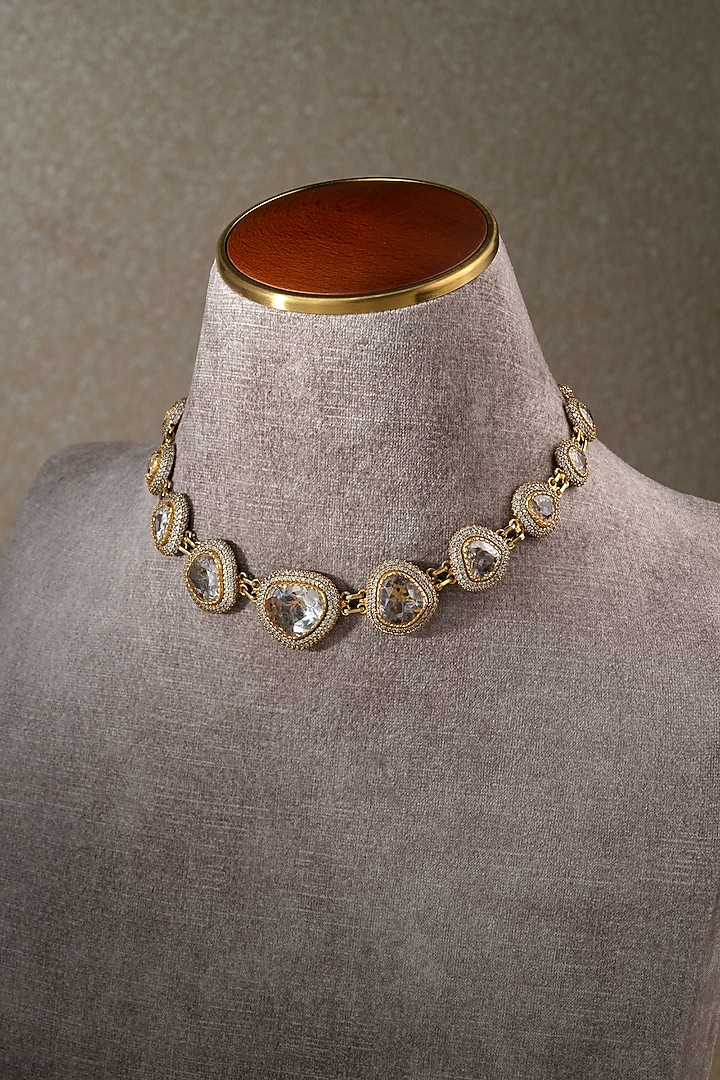 Gold Plated Zircon & Swarovski Pearl Collar Necklace In Sterling Silver by Tarun Tahiliani Jewellery at Pernia's Pop Up Shop