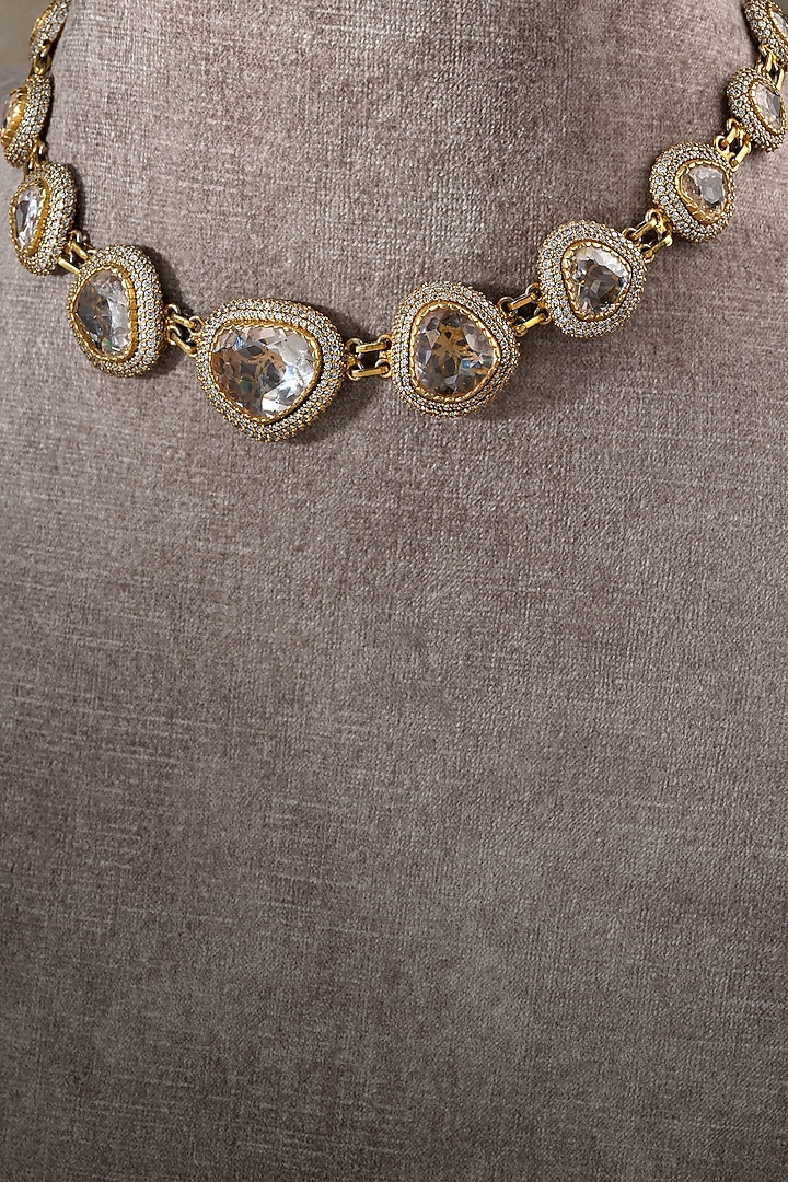 Gold Plated Zircon & Swarovski Pearl Collar Necklace In Sterling Silver by Tarun Tahiliani Jewellery at Pernia's Pop Up Shop