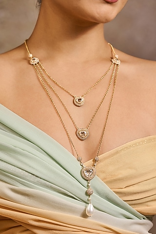Gold Plated Zircon & Pearl Drop Layered Necklace In Sterling Silver by Tarun Tahiliani Jewellery