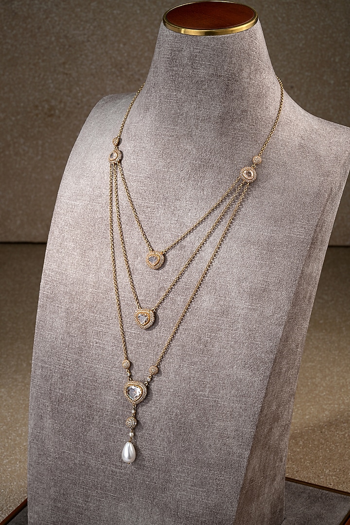 Gold Plated Zircon & Pearl Drop Layered Necklace In Sterling Silver by Tarun Tahiliani Jewellery at Pernia's Pop Up Shop