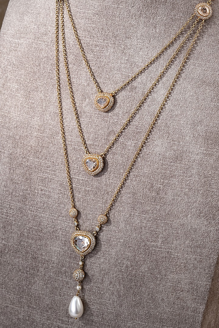 Gold Plated Zircon & Pearl Drop Layered Necklace In Sterling Silver by Tarun Tahiliani Jewellery at Pernia's Pop Up Shop