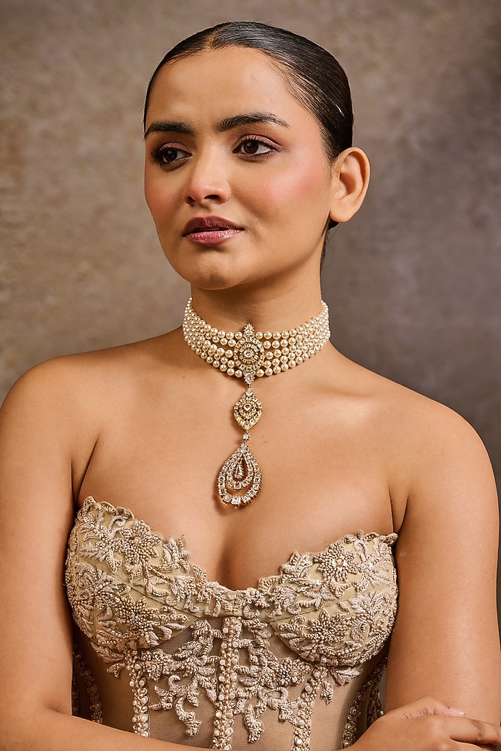 Gold Plated Zircon & Swarovski Pearl Collar Necklace In Sterling Silver by Tarun Tahiliani Accessories at Pernia's Pop Up Shop