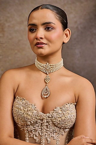 Gold Plated Zircon & Swarovski Pearl Collar Necklace In Sterling Silver by Tarun Tahiliani Jewellery