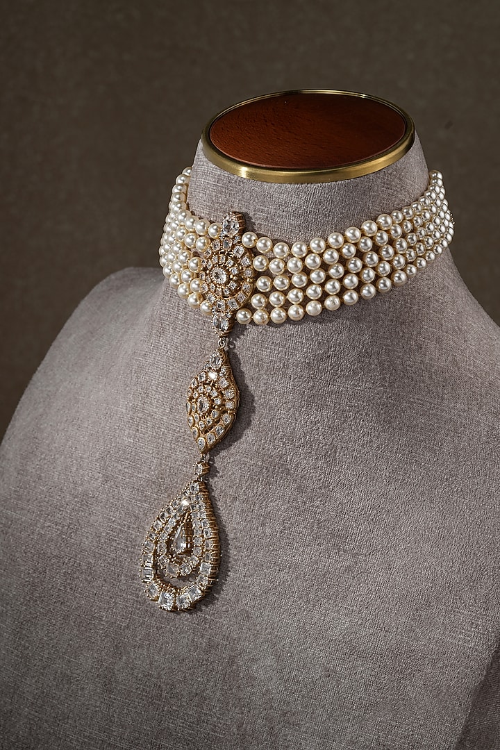 Gold Plated Zircon & Swarovski Pearl Collar Necklace In Sterling Silver by Tarun Tahiliani Jewellery at Pernia's Pop Up Shop