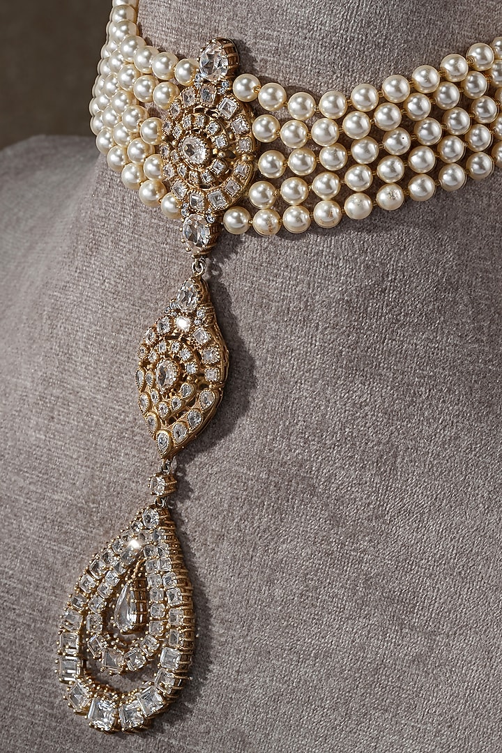 Gold Plated Zircon & Swarovski Pearl Collar Necklace In Sterling Silver by Tarun Tahiliani Jewellery at Pernia's Pop Up Shop