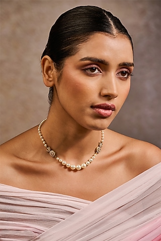 Gold Plated Zircon & Swarovski Pearl Choker Necklace In Sterling Silver by Tarun Tahiliani Jewellery