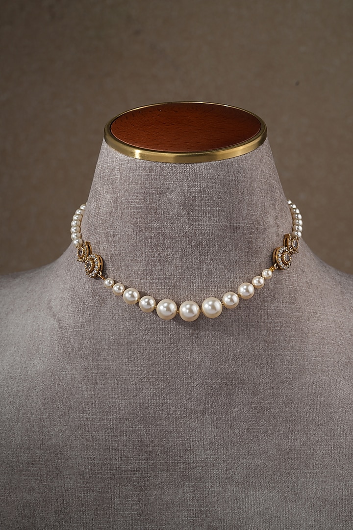 Gold Plated Zircon & Swarovski Pearl Choker Necklace In Sterling Silver by Tarun Tahiliani Jewellery at Pernia's Pop Up Shop