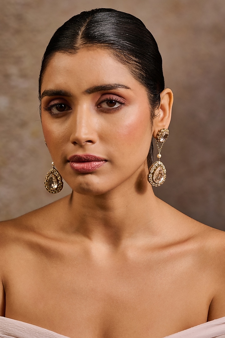 Gold Plated Zircon & Swarovski Pearl Long Earrings In Sterling Silver by Tarun Tahiliani Accessories at Pernia's Pop Up Shop