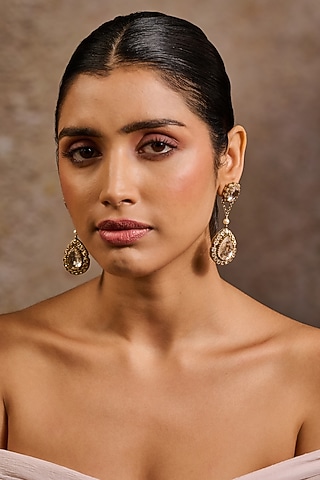 Gold Plated Zircon & Swarovski Pearl Long Earrings In Sterling Silver by Tarun Tahiliani Jewellery