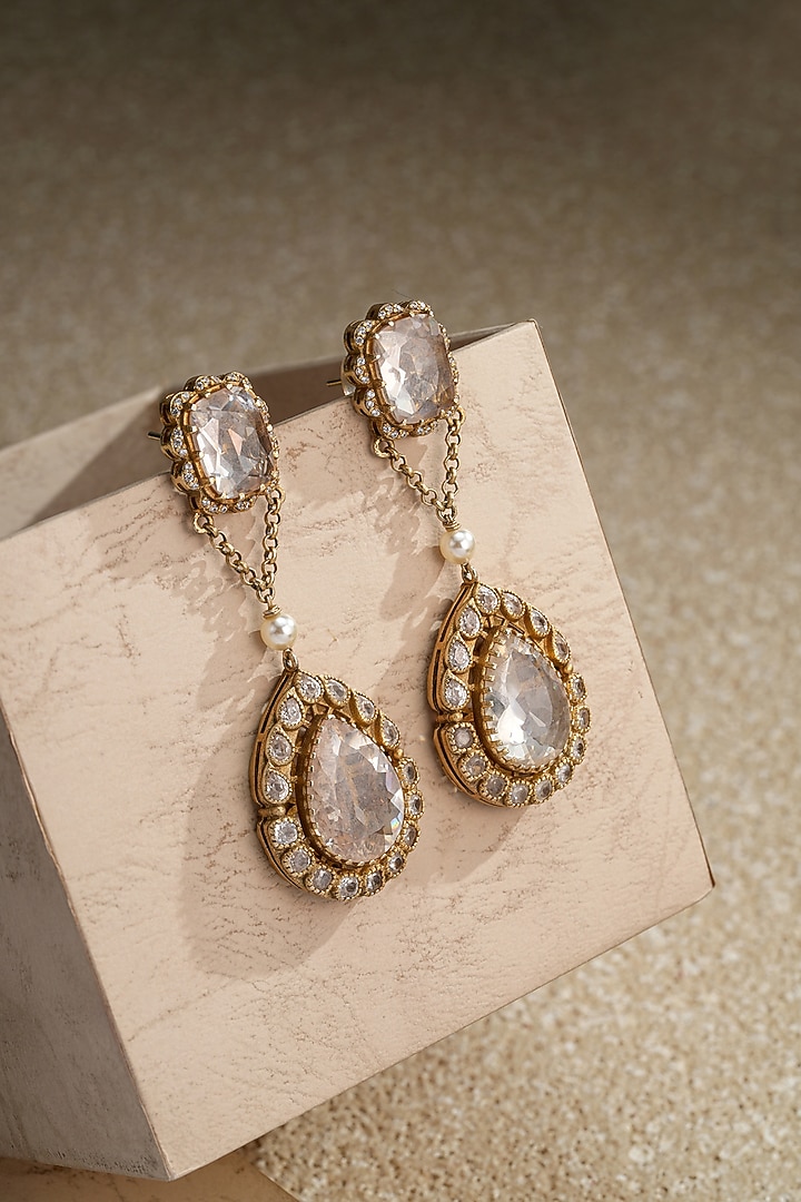 Gold Plated Zircon & Swarovski Pearl Long Earrings In Sterling Silver by Tarun Tahiliani Jewellery at Pernia's Pop Up Shop
