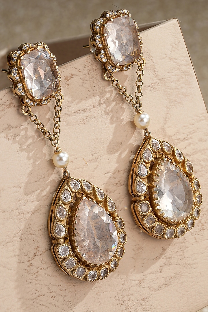 Gold Plated Zircon & Swarovski Pearl Long Earrings In Sterling Silver by Tarun Tahiliani Jewellery at Pernia's Pop Up Shop