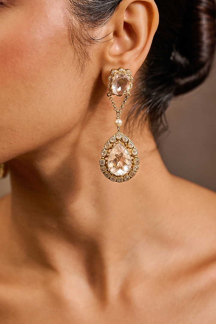 Gold Plated Zircon & Swarovski Pearl Long Earrings In Sterling Silver by Tarun Tahiliani Jewellery at Pernia's Pop Up Shop