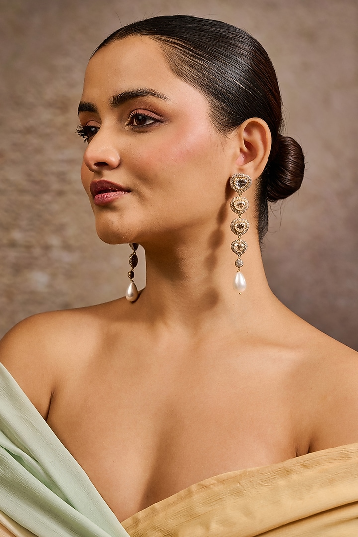 Gold Plated Zircon & Pearl Drop Long Earrings In Sterling Silver by Tarun Tahiliani Accessories at Pernia's Pop Up Shop