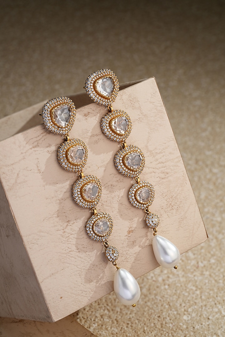 Gold Plated Zircon & Pearl Drop Long Earrings In Sterling Silver by Tarun Tahiliani Jewellery at Pernia's Pop Up Shop