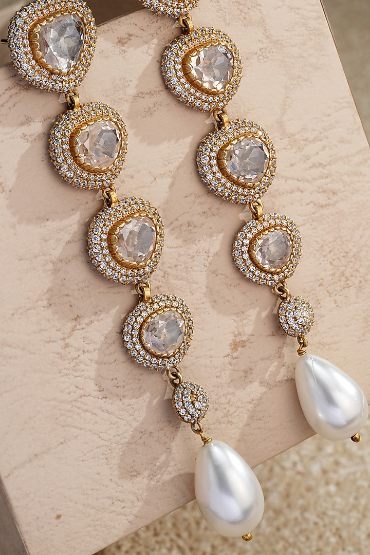 Gold Plated Zircon & Pearl Drop Long Earrings In Sterling Silver by Tarun Tahiliani Jewellery at Pernia's Pop Up Shop