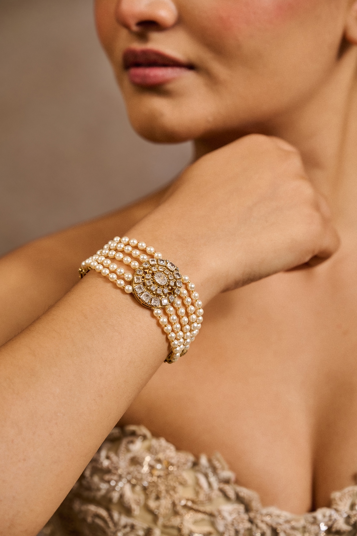 Tarun Tahiliani Jewellery Gold Plated Zircon & Swarovski Pearl Bracelet In Sterling Silver