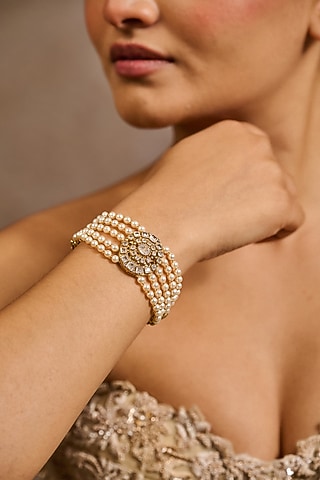 Gold Plated Zircon & Swarovski Pearl Bracelet In Sterling Silver by Tarun Tahiliani Jewellery