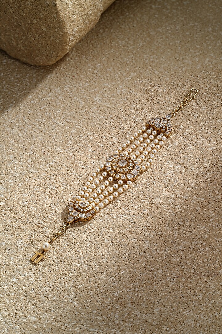 Gold Plated Zircon & Swarovski Pearl Bracelet In Sterling Silver by Tarun Tahiliani Jewellery at Pernia's Pop Up Shop