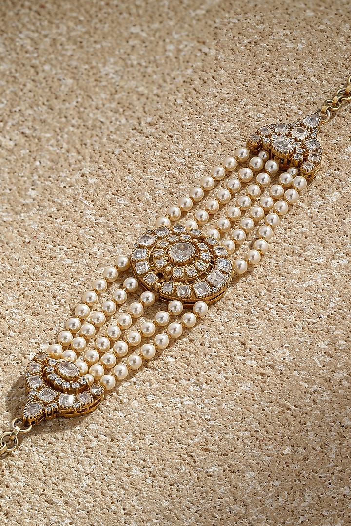 Gold Plated Zircon & Swarovski Pearl Bracelet In Sterling Silver by Tarun Tahiliani Jewellery at Pernia's Pop Up Shop