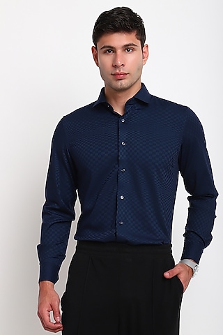 Blue Bamboo Satin Silk Shirt by Tharun Kiron