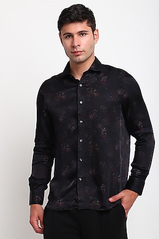 Black Satin Silk Shirt by Tharun Kiron