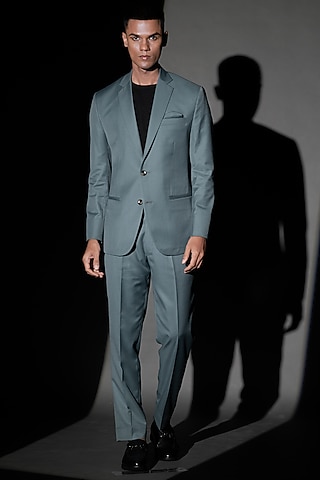 Teal Green Poly Wool Blazer Set by Tharun Kiron