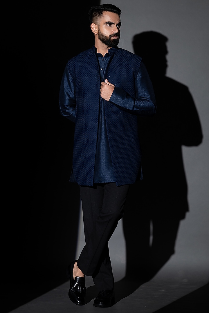 Blue Cotton Blend Indo-Western Jacket Set by Tharun Kiron