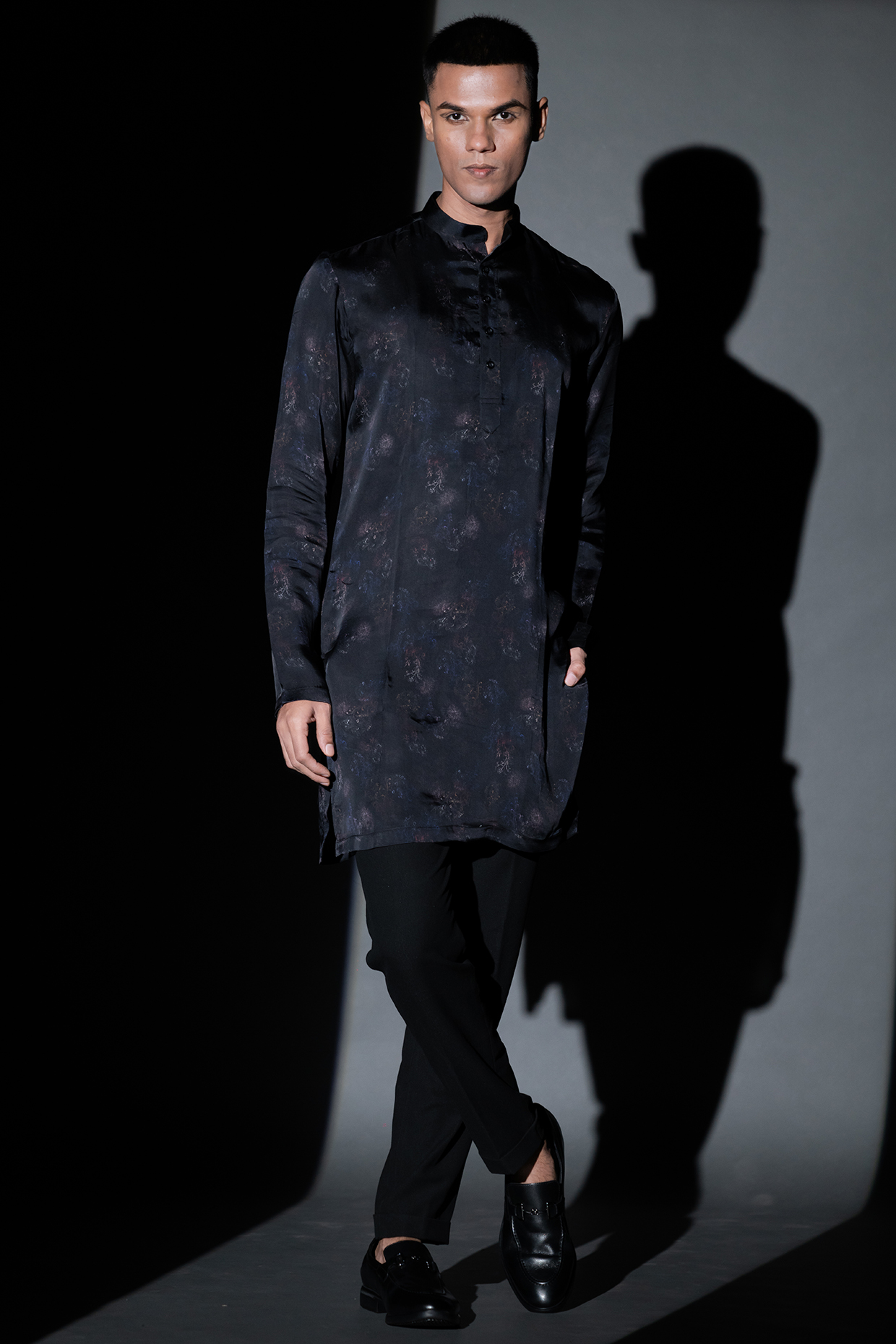 Black Satin Silk Kurta by Tharun Kiron