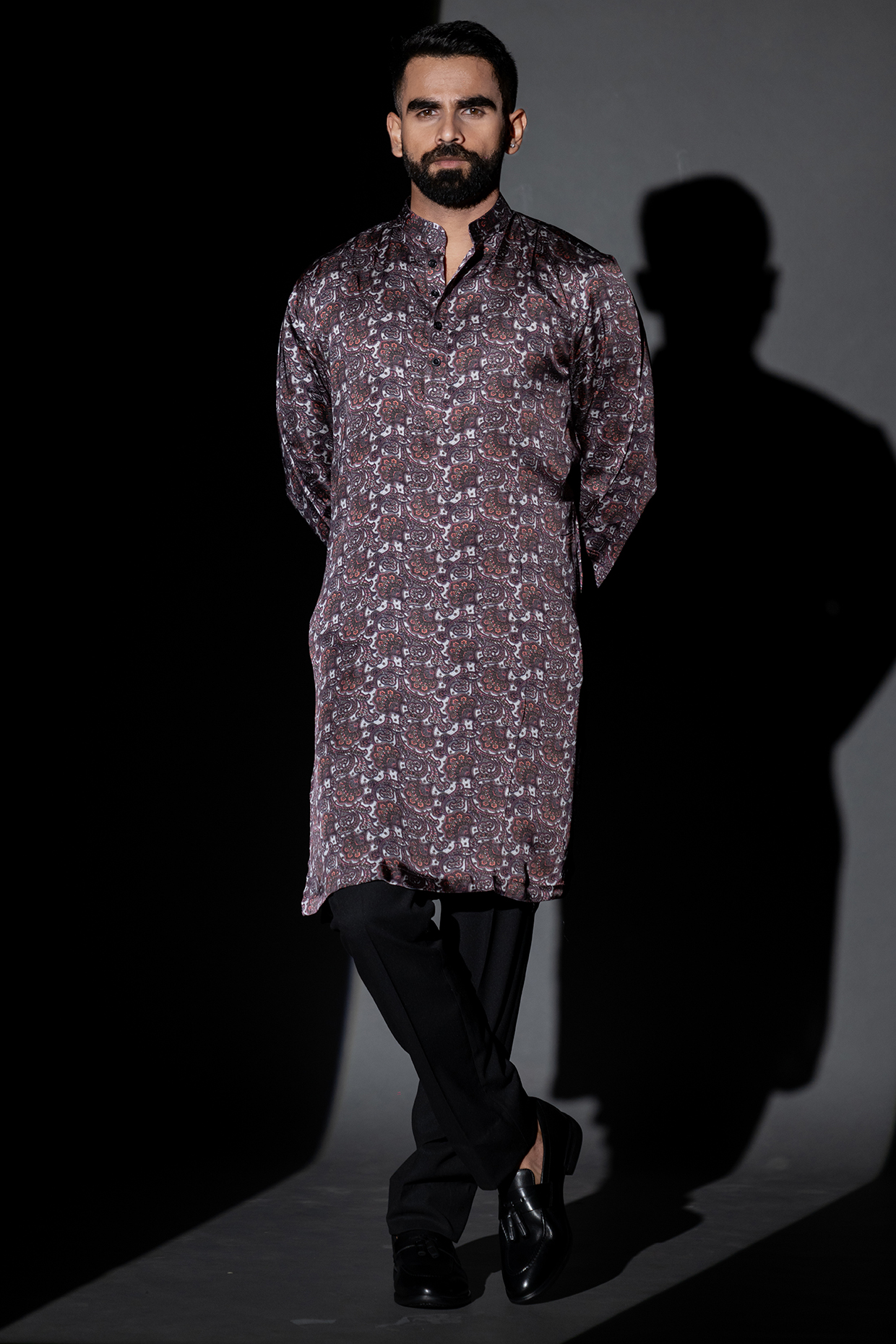 Red Satin Silk Printed Kurta by Tharun Kiron