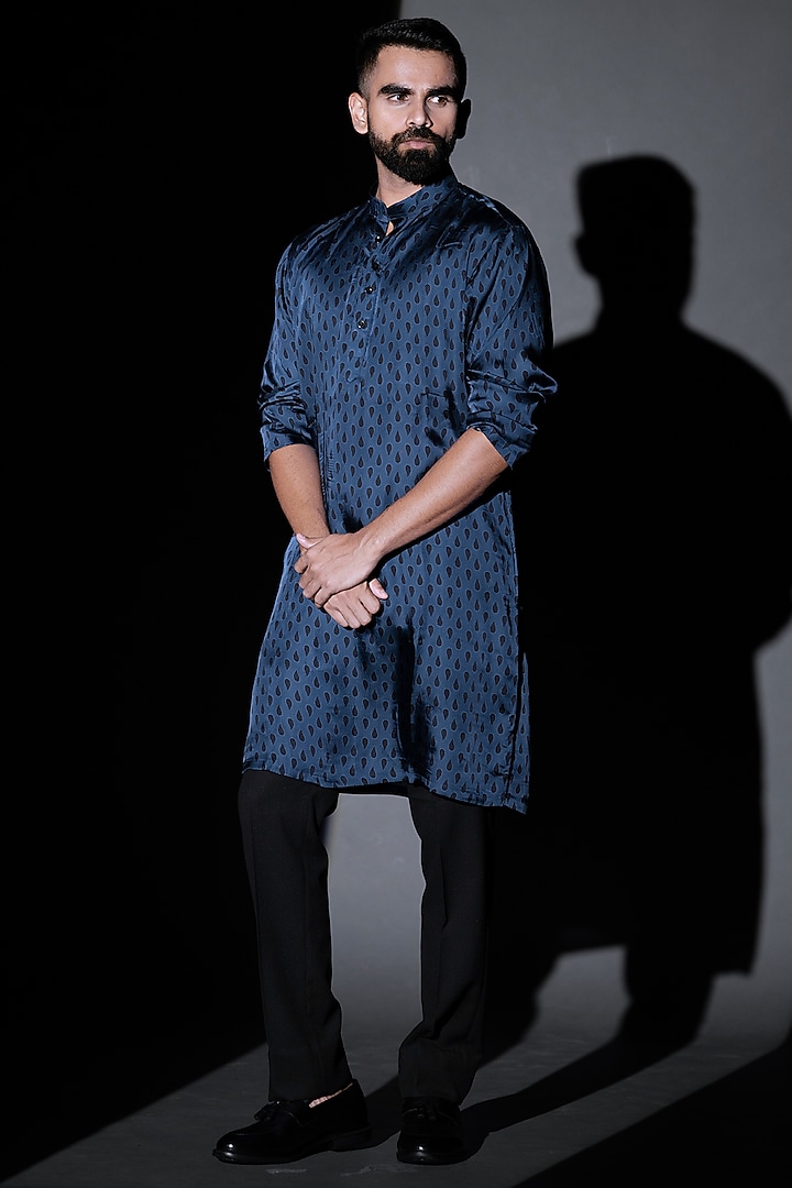 Blue Satin Silk Kurta by Tharun Kiron