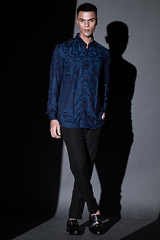 Green Bamboo Satin Silk Shirt by Tharun Kiron
