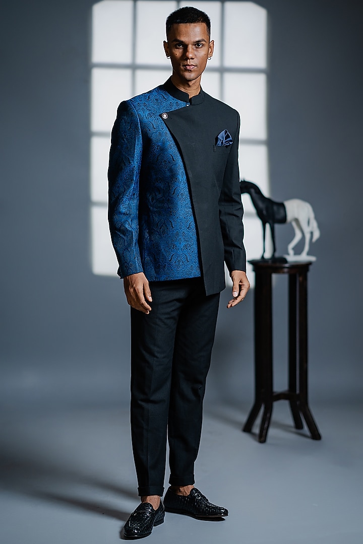 Black & Blue Viscose Wool Bandhgala Set by Tharun Kiron