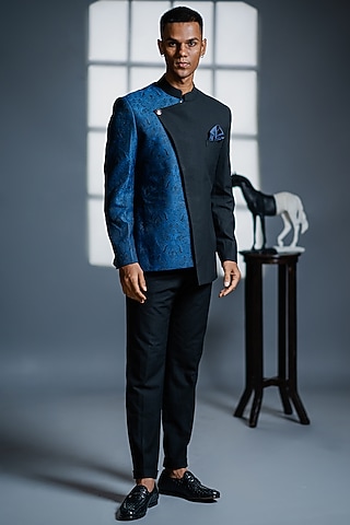 Black & Blue Viscose Wool Bandhgala Set by Tharun Kiron