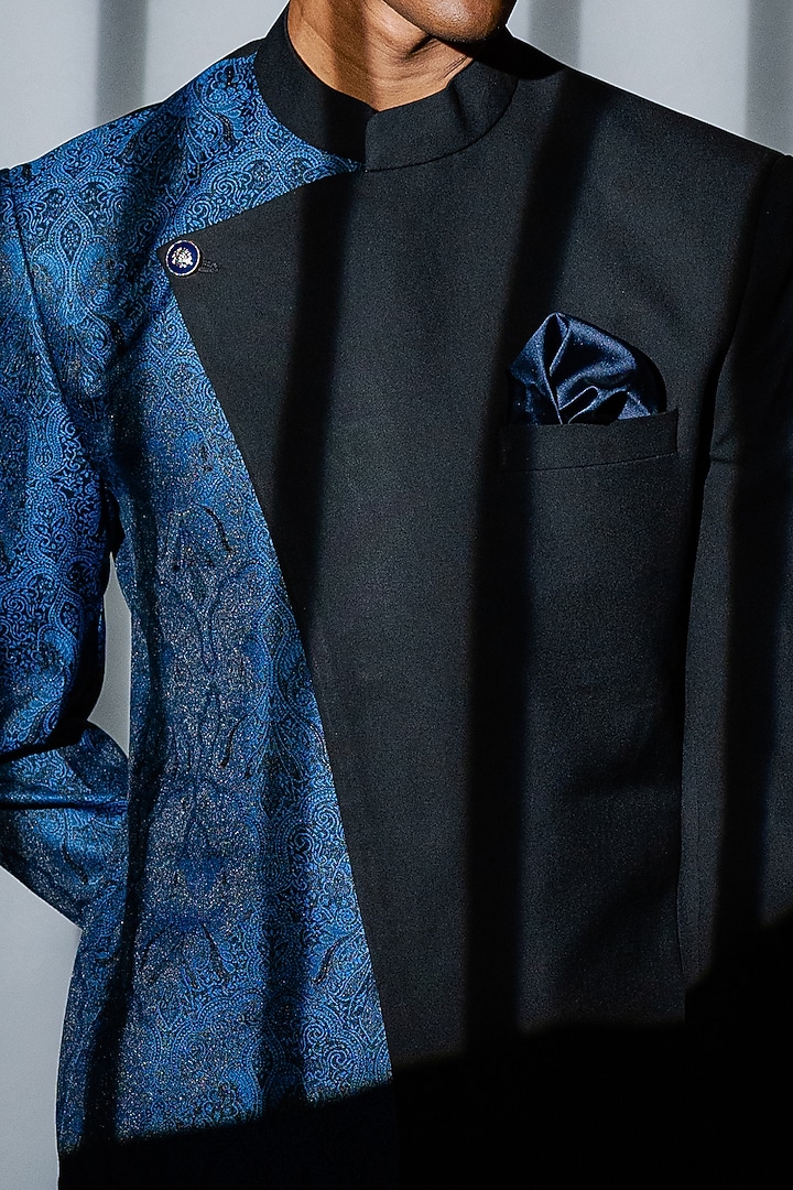 Black & Blue Viscose Wool Bandhgala Set by Tharun Kiron at Pernia's Pop Up Shop