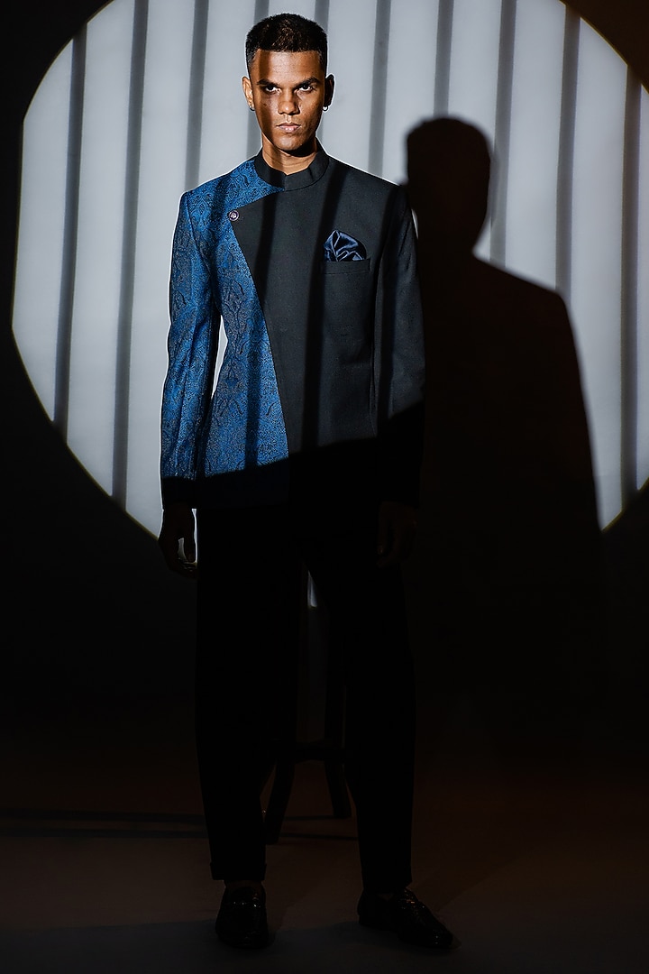 Black & Blue Viscose Wool Bandhgala Set by Tharun Kiron at Pernia's Pop Up Shop