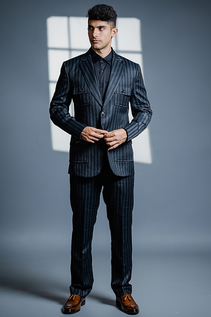 Grey & Black Polyester Suit Set by Tharun Kiron