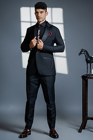 Black Polyester & Viscose Pant Set by Tharun Kiron